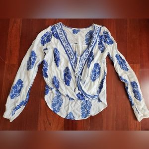 White and Blue Printed Fuax Wrap Blouse